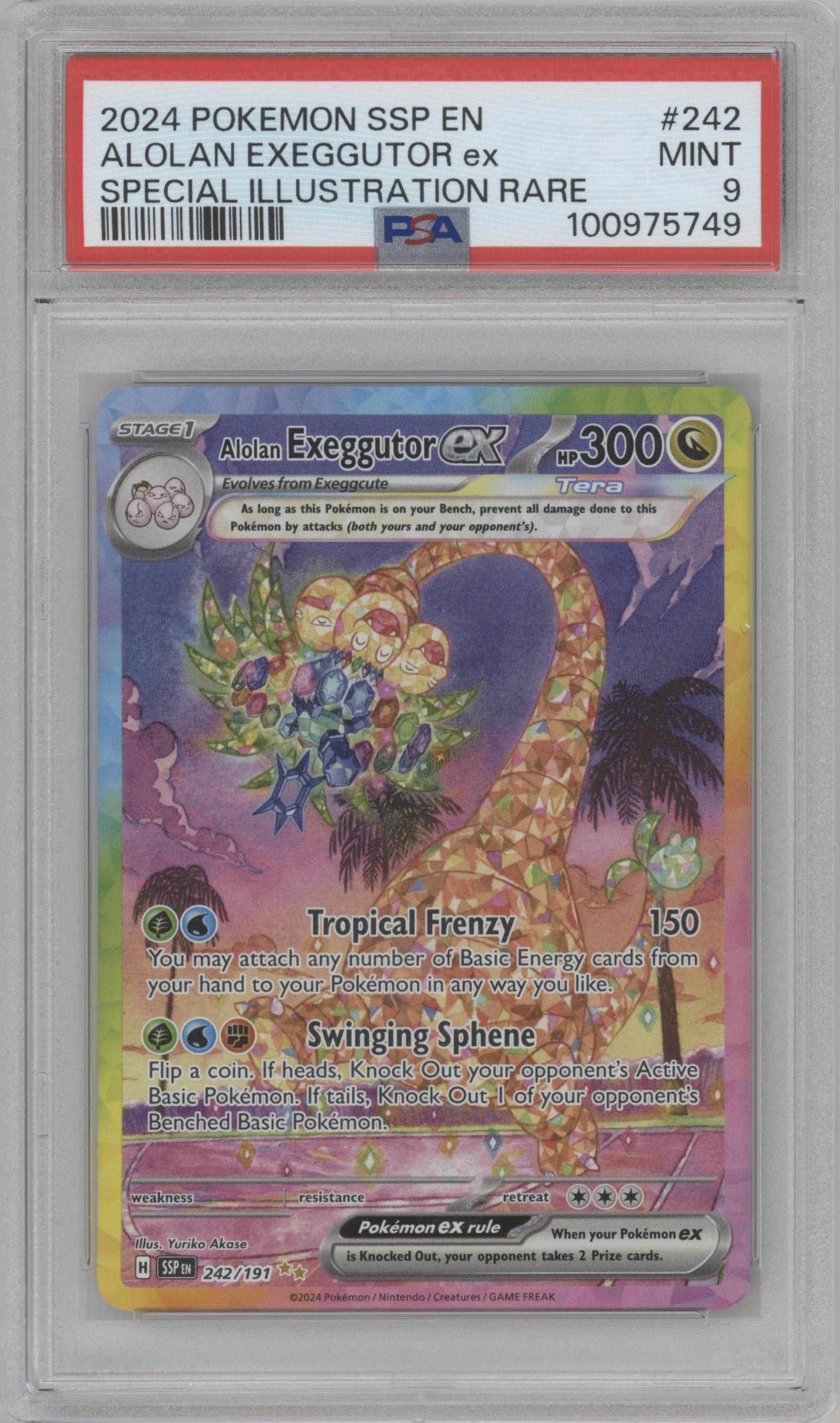 Alolan Exeggutor ex from the 2024 Pokemon SV set graded by PSA and given an overall grade of 9.