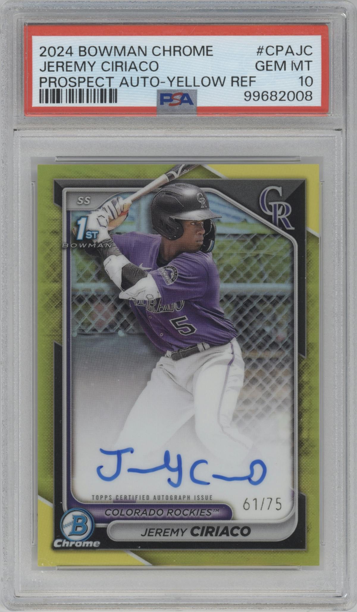 Jeremy Ciriaco from the 2024 Bowman Chrome set featuring a Yellow Refractor parallel graded by PSA and given an overall grade of 10.