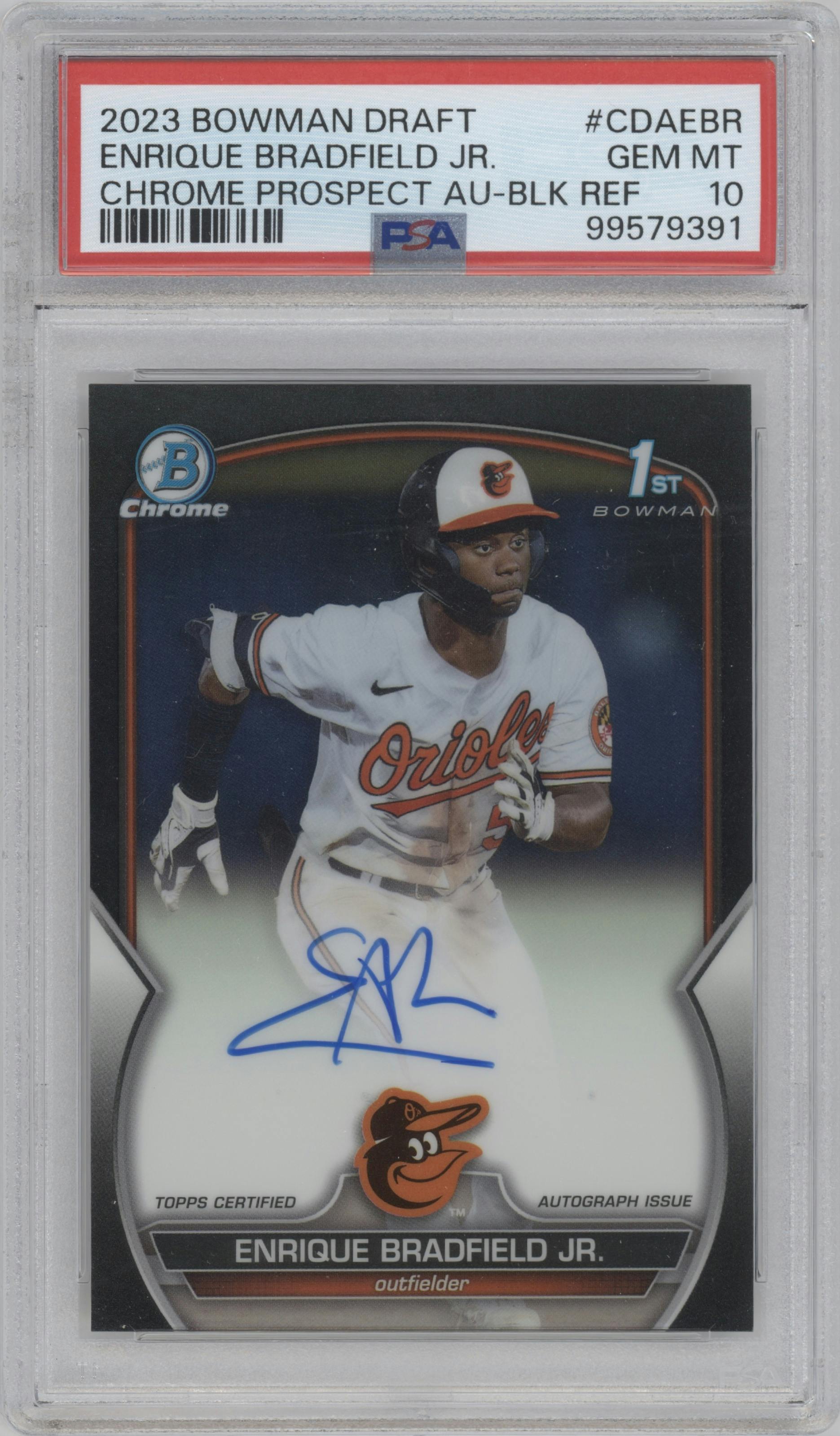 Enrique Bradfield Jr. from the 2023 Bowman Draft set featuring a Black Refractor parallel graded by PSA and given an overall grade of 10.