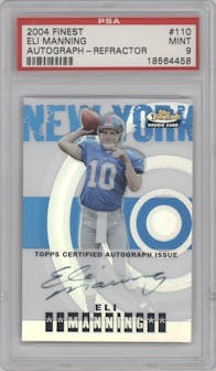 Eli Manning  from the 2004 Topps Finest set featuring a Refractor parallel graded by PSA and given an overall grade of 9.