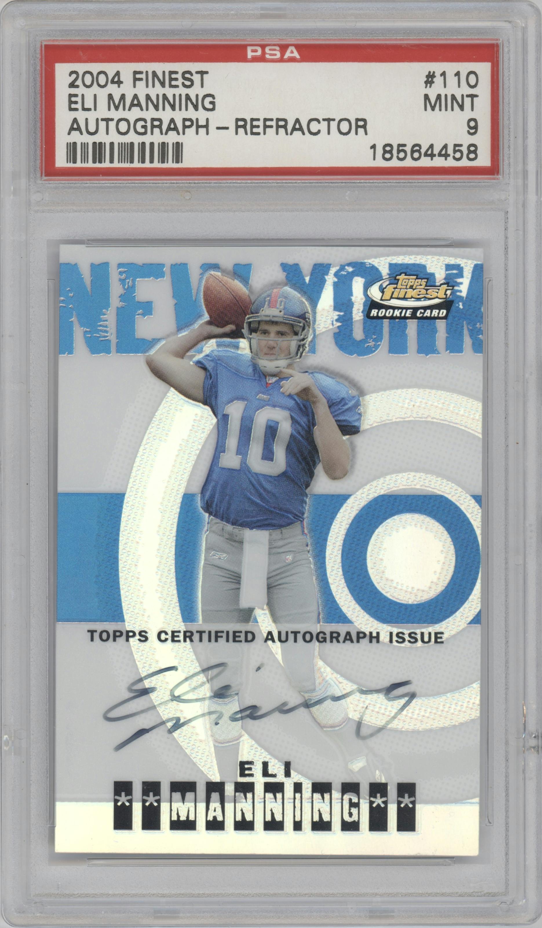 Eli Manning  from the 2004 Topps Finest set featuring a Refractor parallel graded by PSA and given an overall grade of 9.