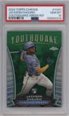 Jackson Chourio from the 2024 Topps Chrome set featuring a Green Refractor parallel graded by PSA and given an overall grade of 10.