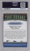 Jackson Chourio from the 2024 Topps Chrome set featuring a Green Refractor parallel graded by PSA and given an overall grade of 10.