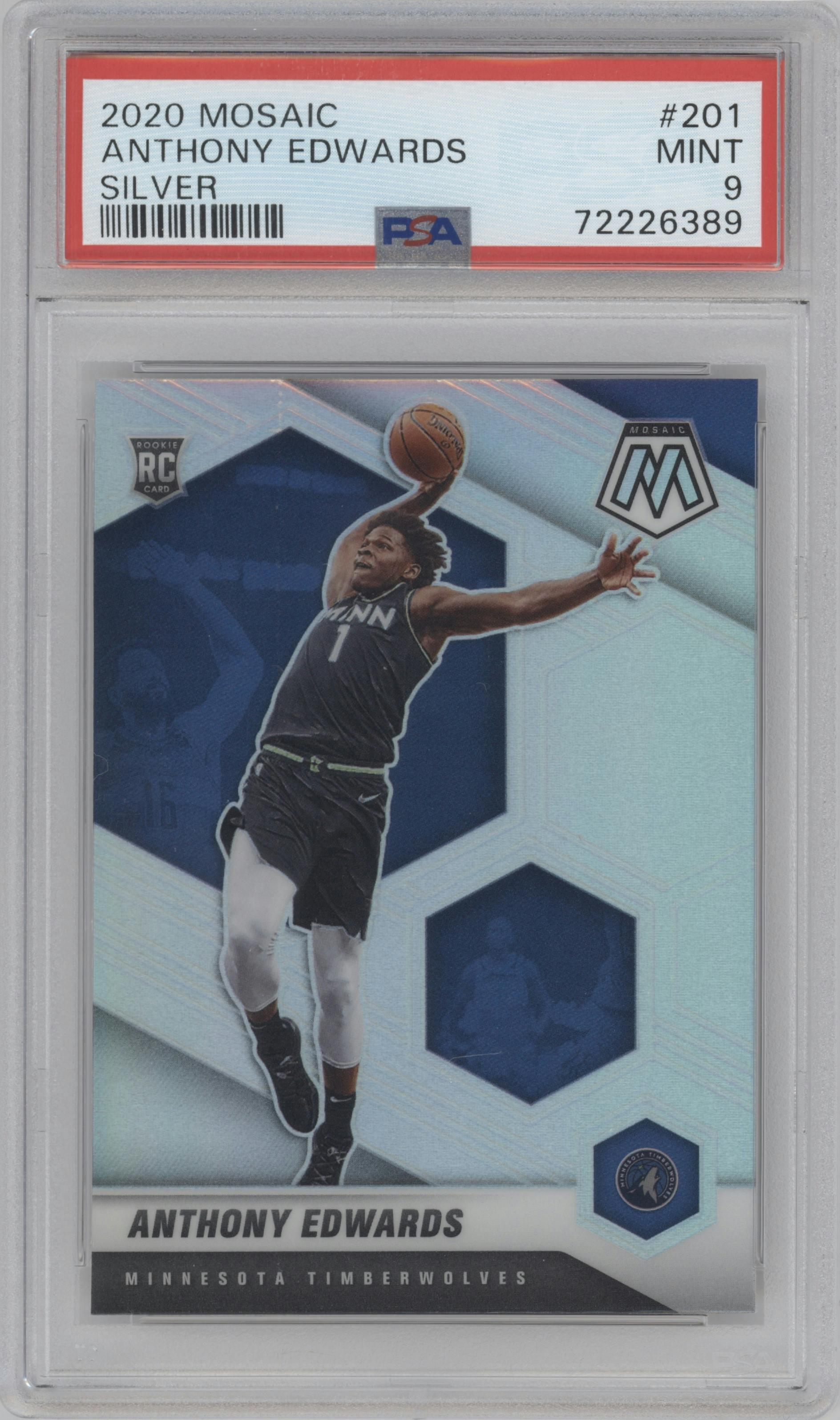 Anthony Edwards from the 2020-21 Panini Mosaic set featuring a Silver parallel graded by PSA and given an overall grade of 9.