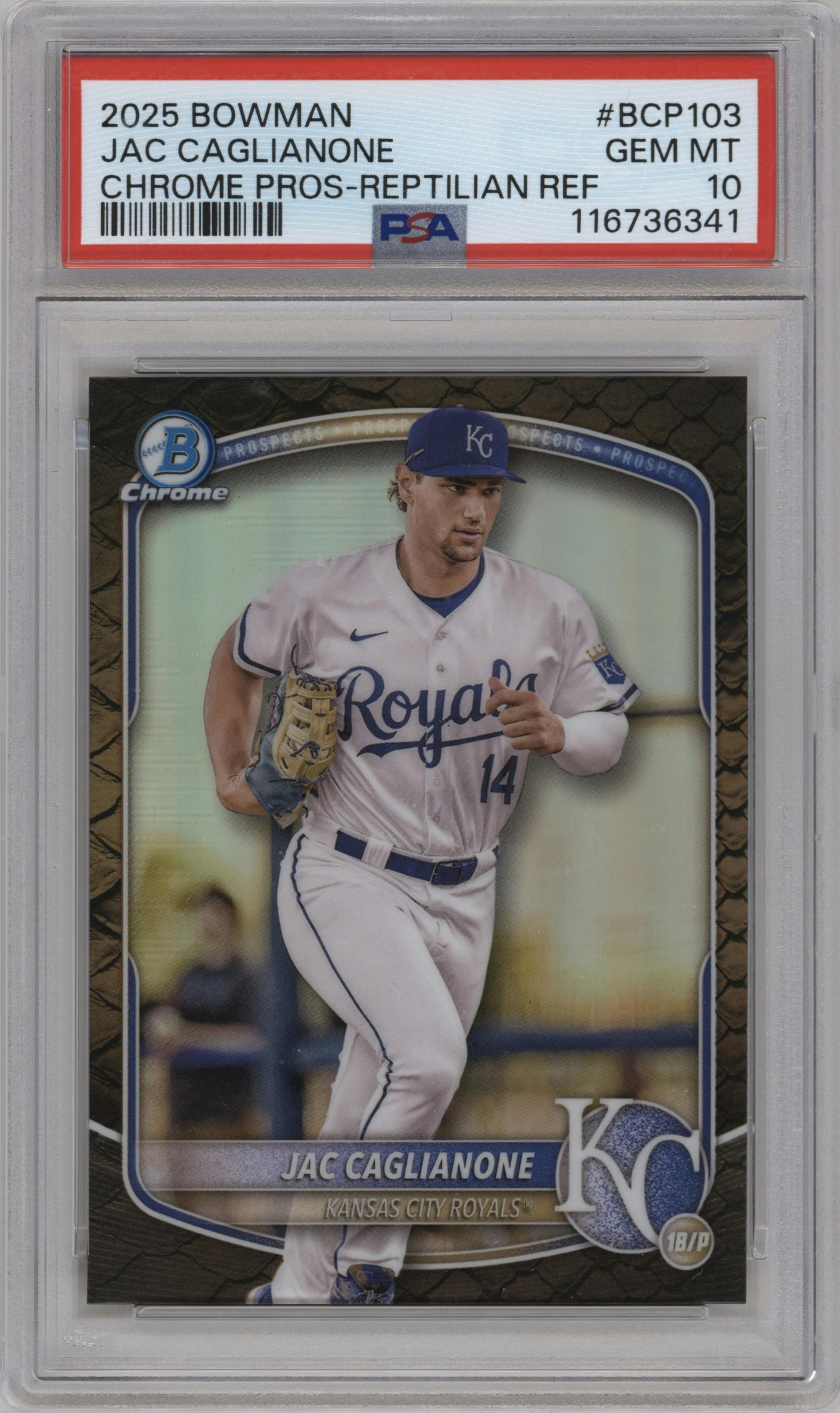 Jac Caglianone from the 2025 Bowman set featuring a Reptilian Refractor parallel graded by PSA and given an overall grade of 10.