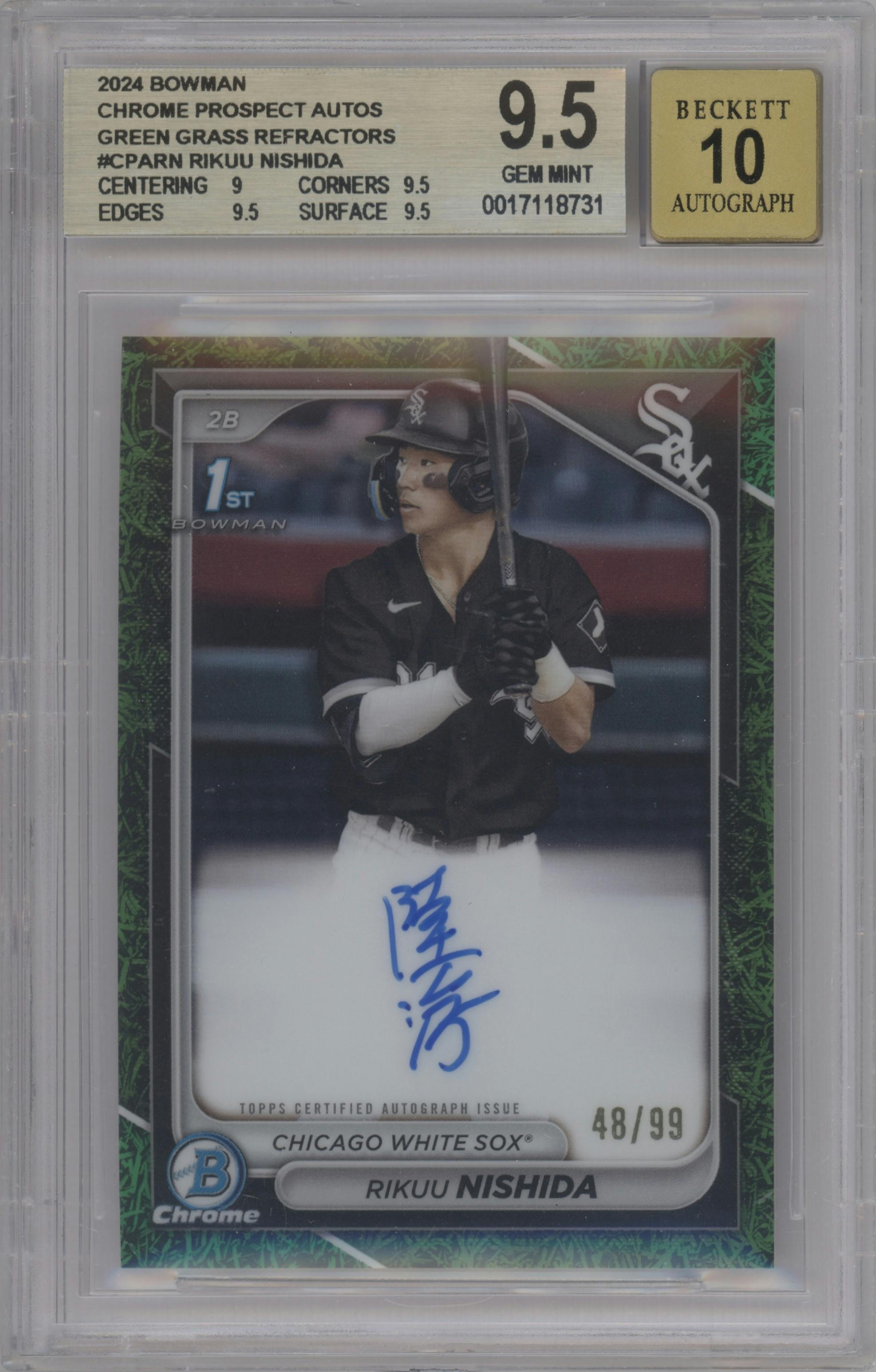 Rikuu Nishida from the 2024 Bowman set featuring a Green Grass Refractor parallel graded by Beckett and given an overall grade of 9.5.