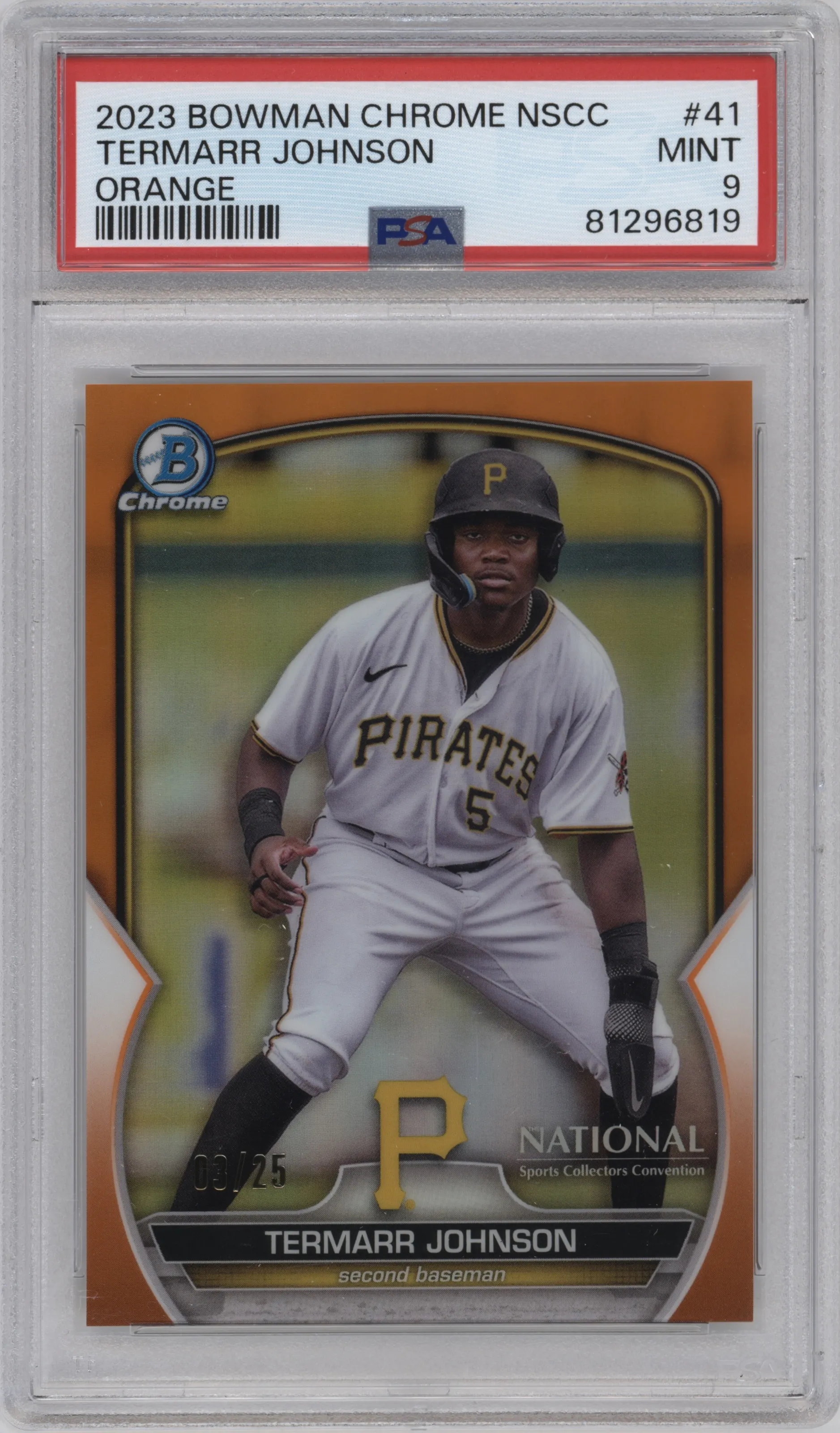 2023 Topps The National VIP Bowman Chrome Termarr Johnson Orange Refractor #MLB-41 PSA 9