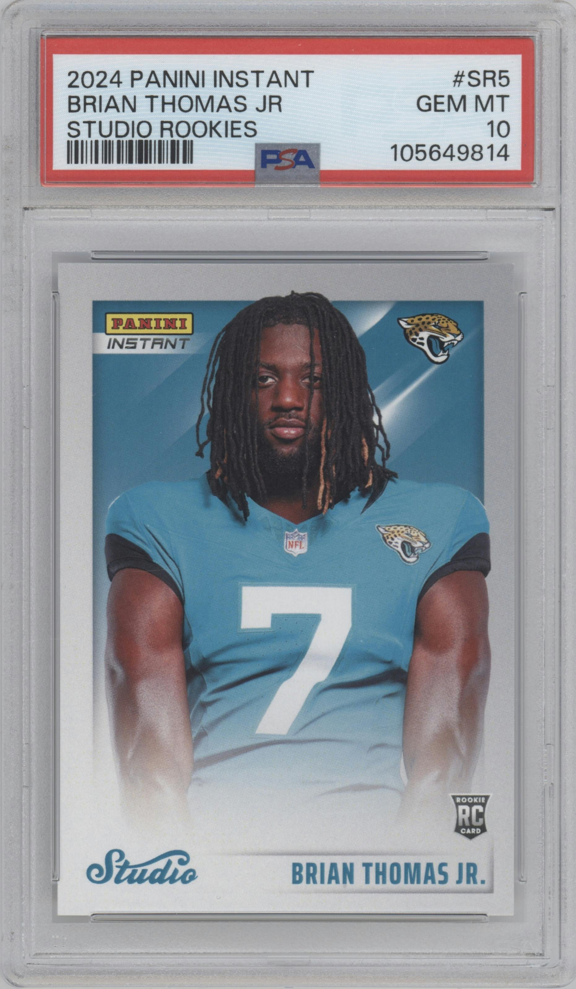 Brian Thomas Jr. from the 2024 Panini Instant NFL set graded by PSA and given an overall grade of 10.