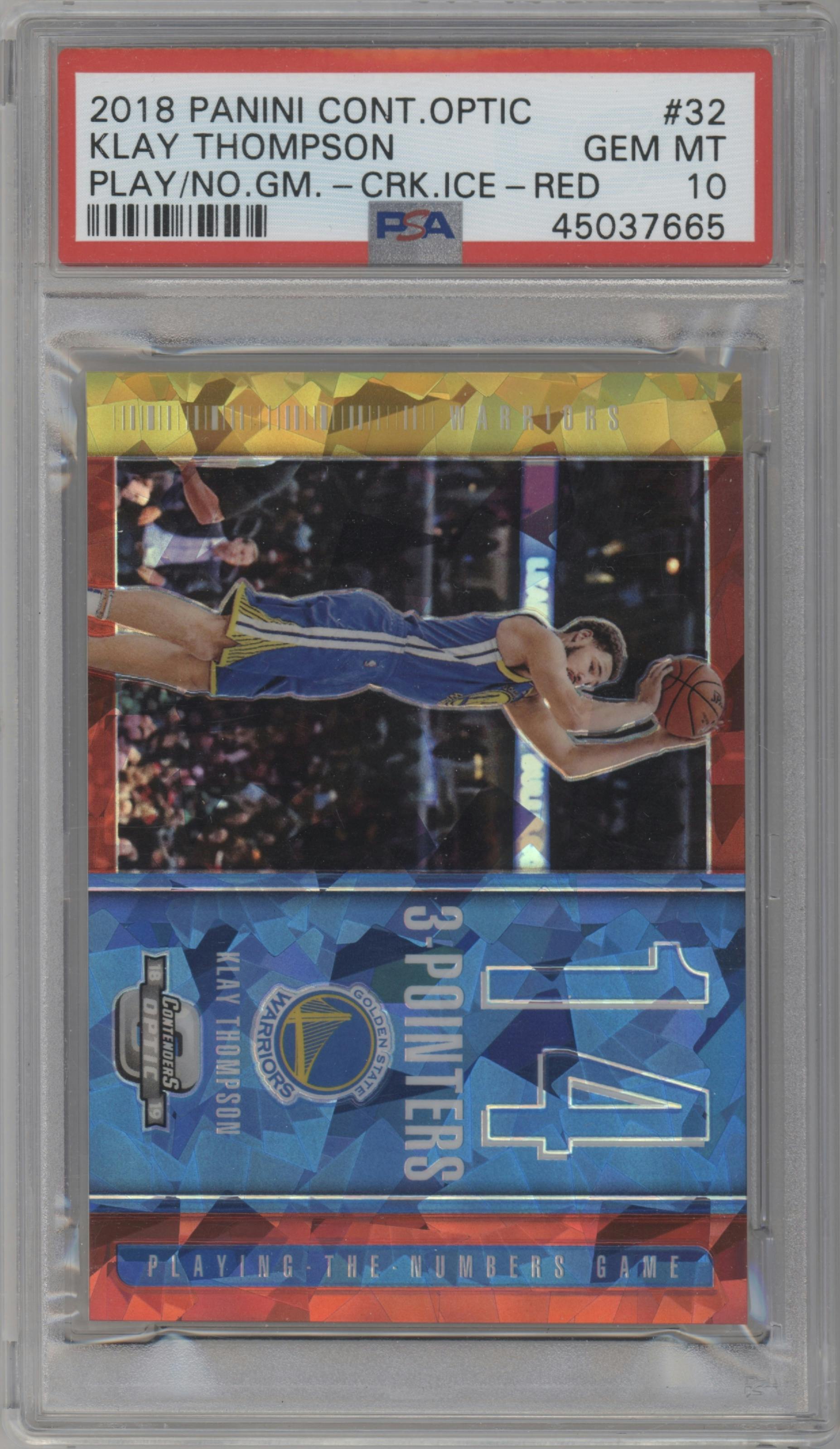 Klay Thompson from the 2018-19 Panini Contenders Optic set featuring a Red Cracked Ice parallel graded by PSA and given an overall grade of 10.