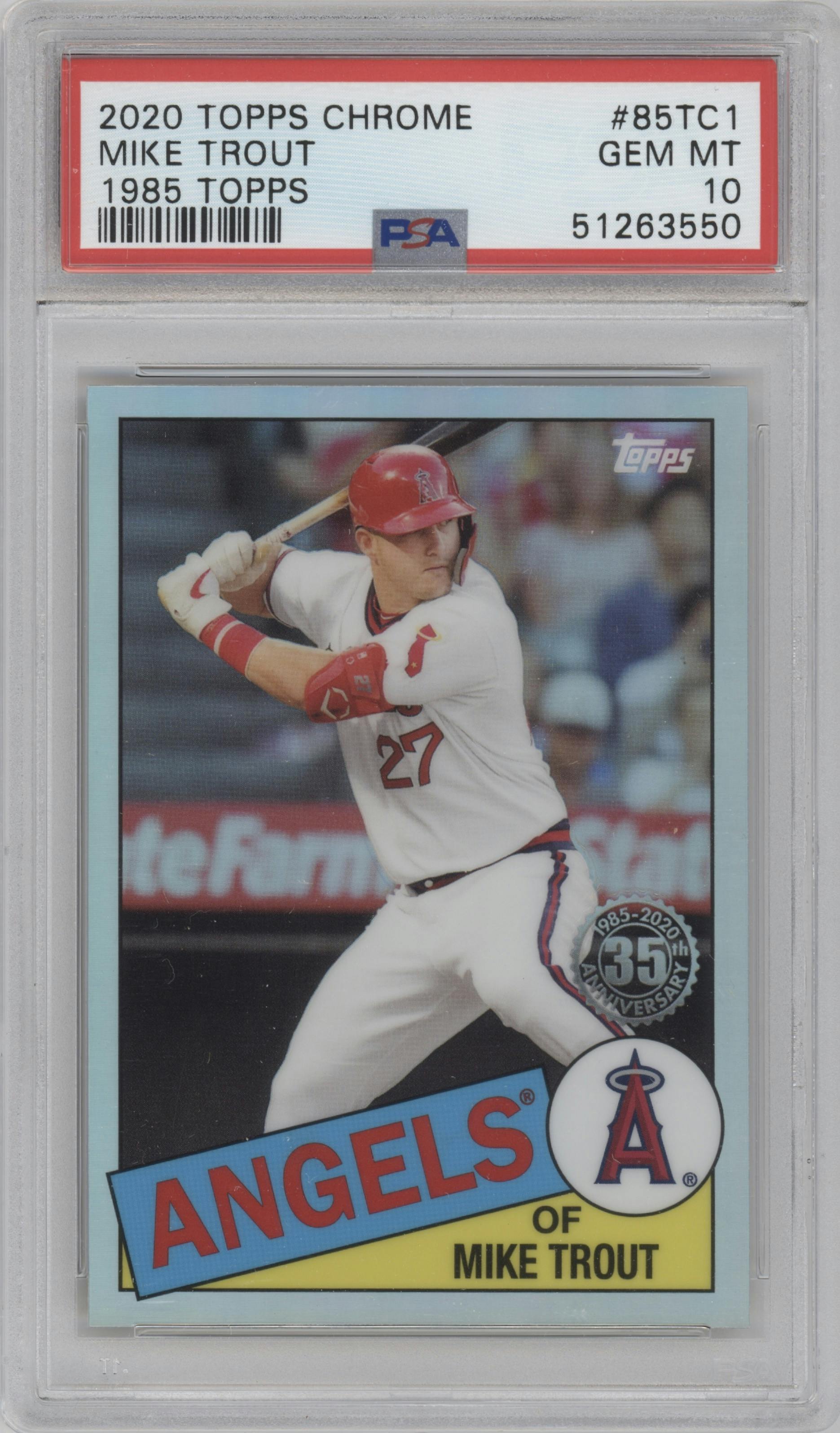 Mike Trout from the 2020 Topps Chrome set graded by PSA and given an overall grade of 10.
