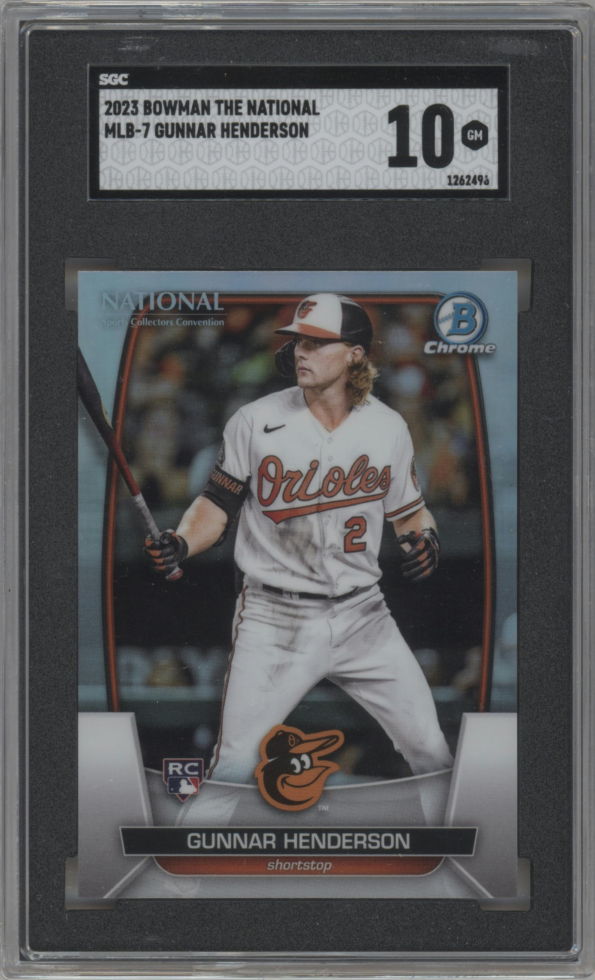 Gunnar Henderson from the 2023 Topps The National VIP set graded by SGC and given an overall grade of 10.