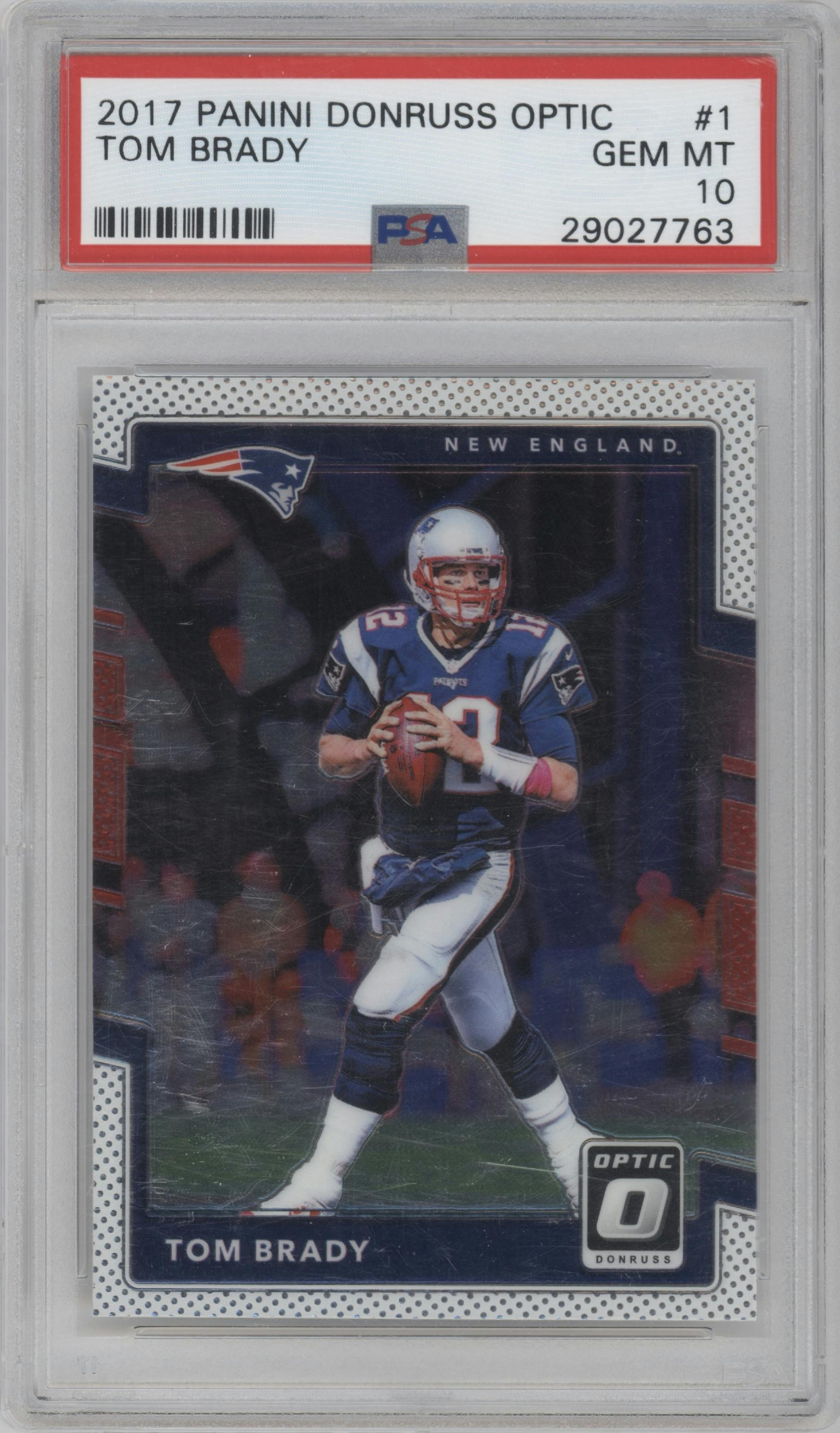 Tom Brady from the 2017 Panini Donruss Optic set graded by PSA and given an overall grade of 10.