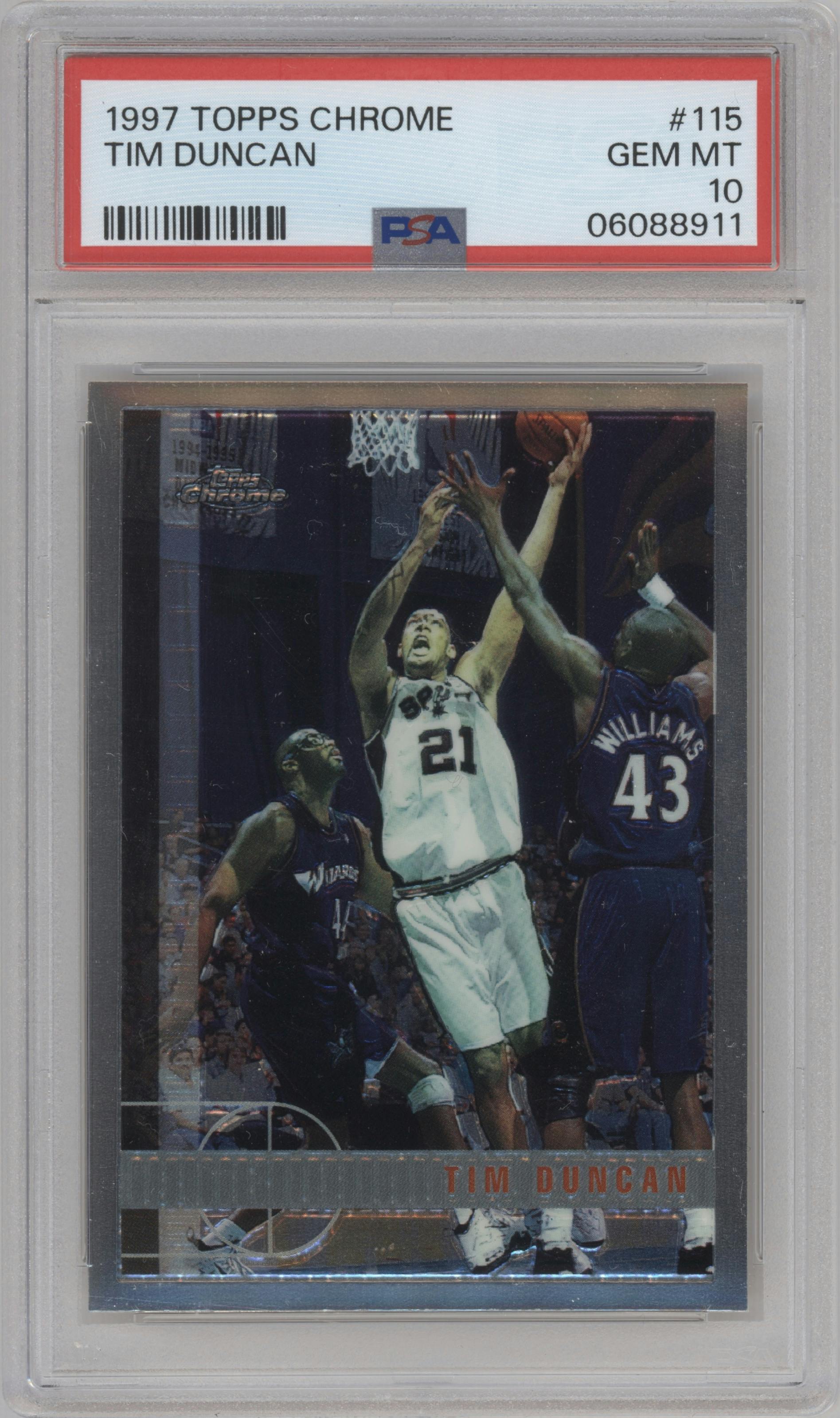 Tim Duncan from the 1997-98 Topps Chrome set graded by PSA and given an overall grade of 10.