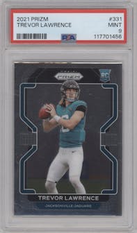 Trevor Lawrence from the 2021 Panini Prizm set graded by PSA and given an overall grade of 9.