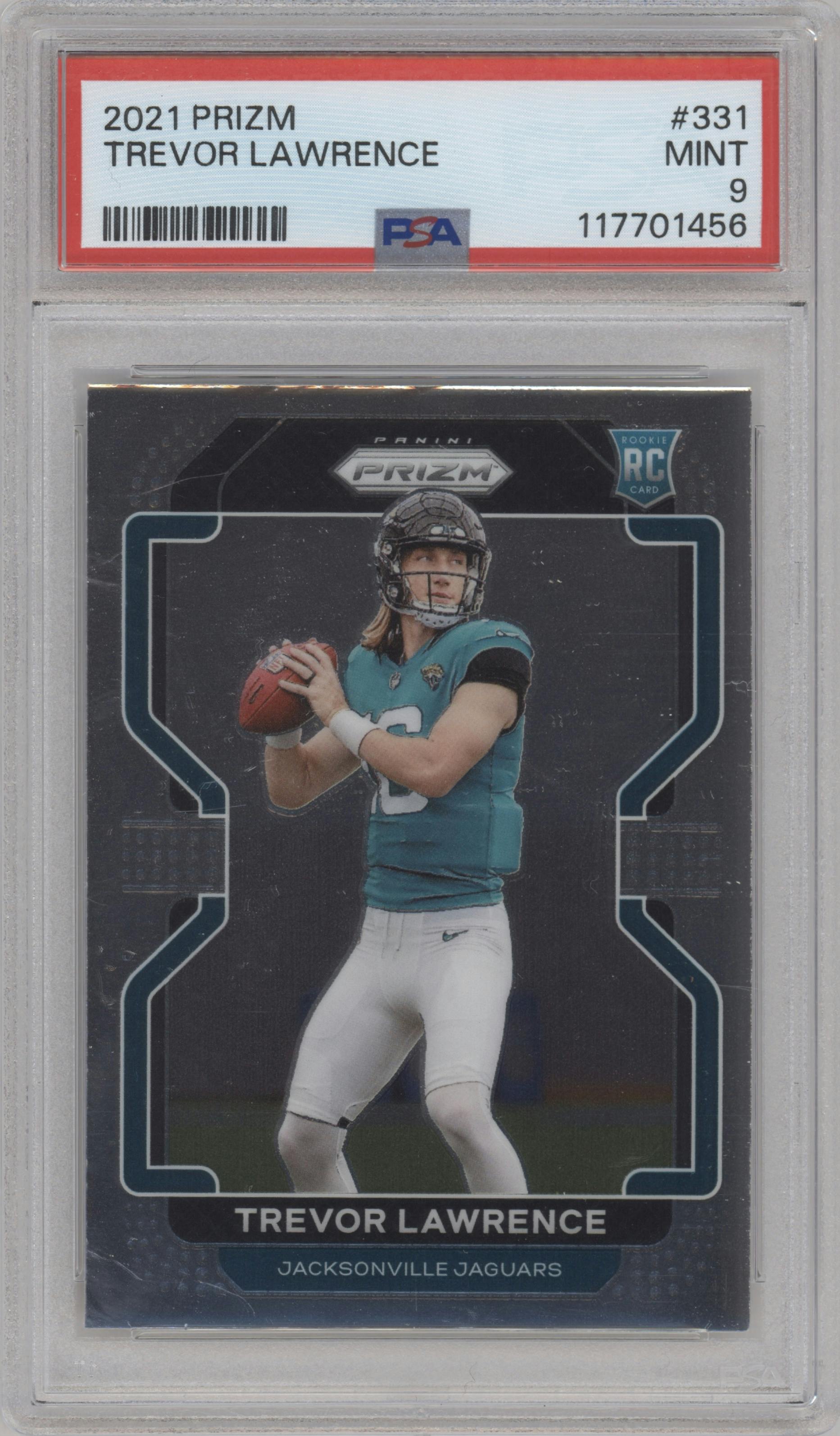 Trevor Lawrence from the 2021 Panini Prizm set graded by PSA and given an overall grade of 9.