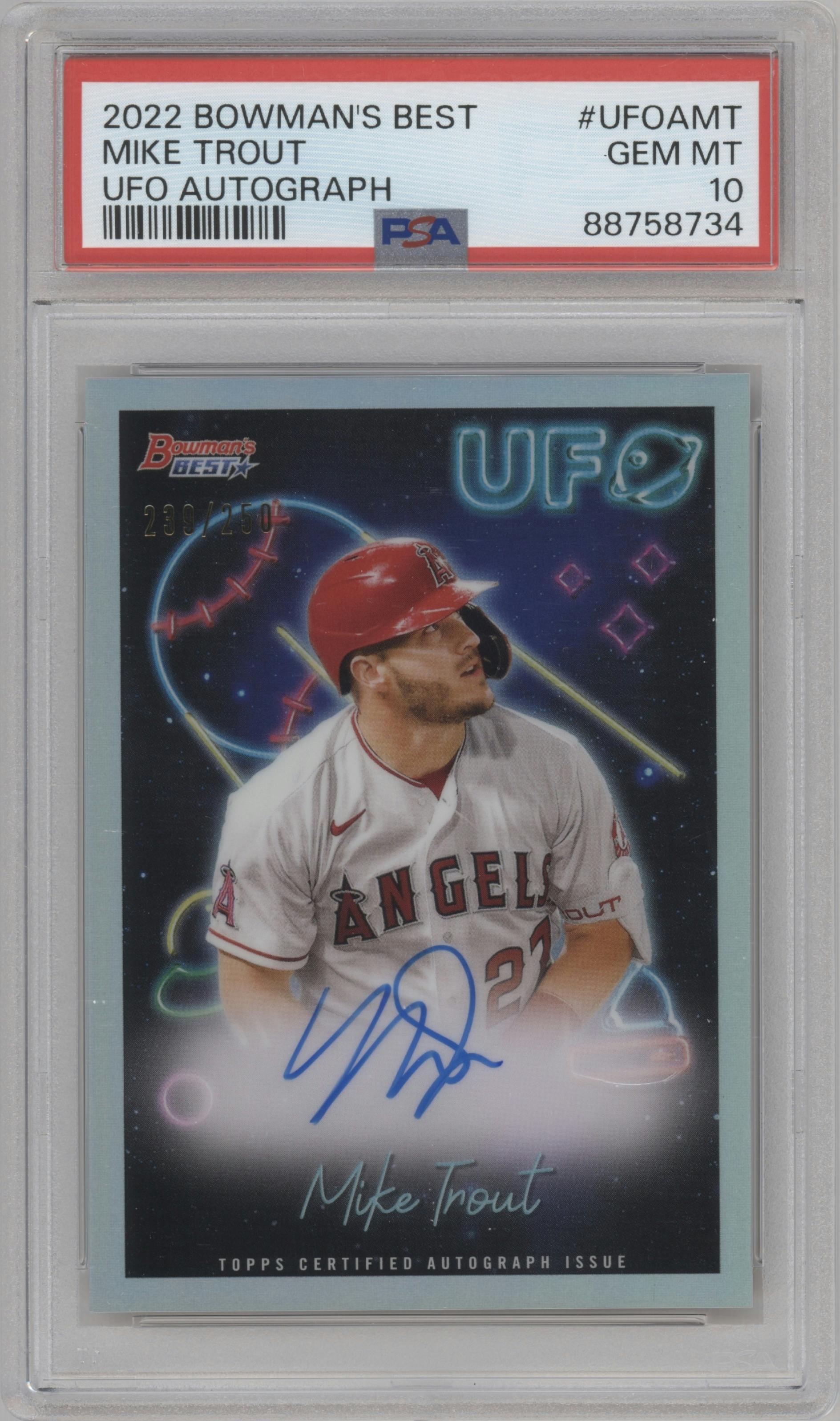 Mike Trout from the 2022 Bowman’s Best   set graded by PSA and given an overall grade of 10.