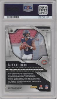 Caleb Williams from the 2024 Panini Prizm set featuring a Neon Green Pulsar  parallel graded by PSA and given an overall grade of 10.