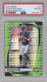 Caleb Williams from the 2024 Panini Prizm set featuring a Neon Green Pulsar  parallel graded by PSA and given an overall grade of 10.