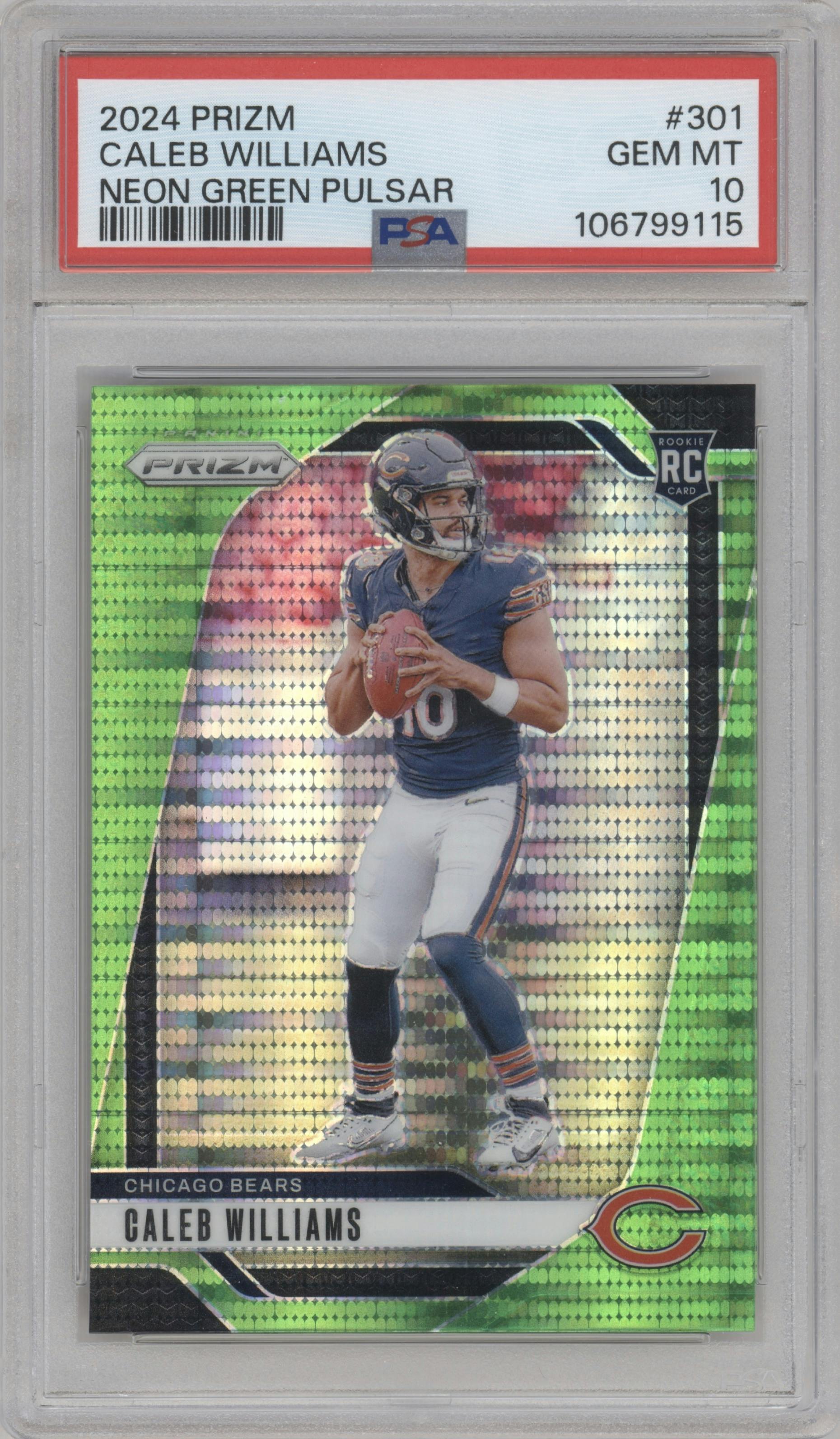 Caleb Williams from the 2024 Panini Prizm set featuring a Neon Green Pulsar  parallel graded by PSA and given an overall grade of 10.