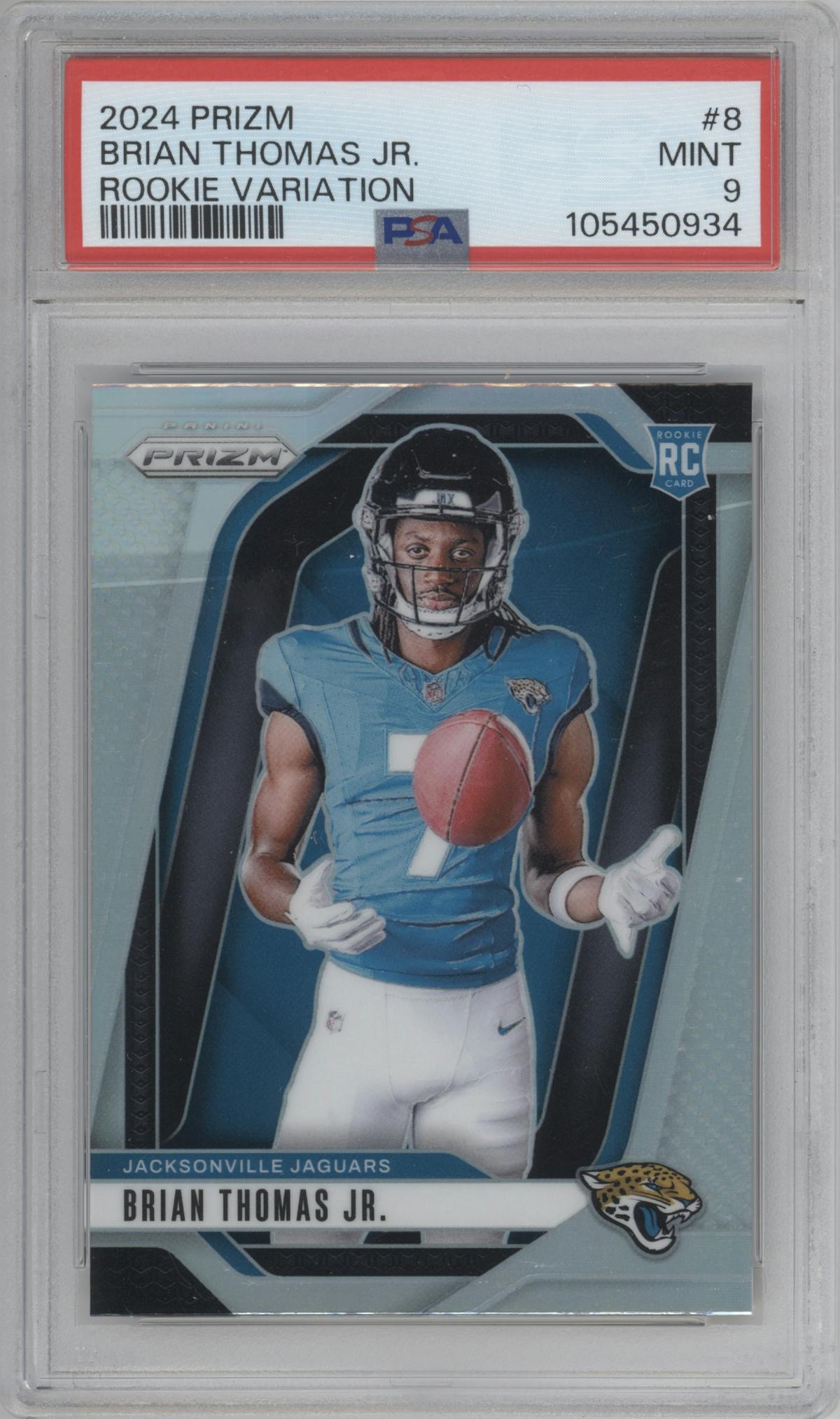 Brian Thomas Jr. from the 2024 Panini Prizm set graded by PSA and given an overall grade of 9.