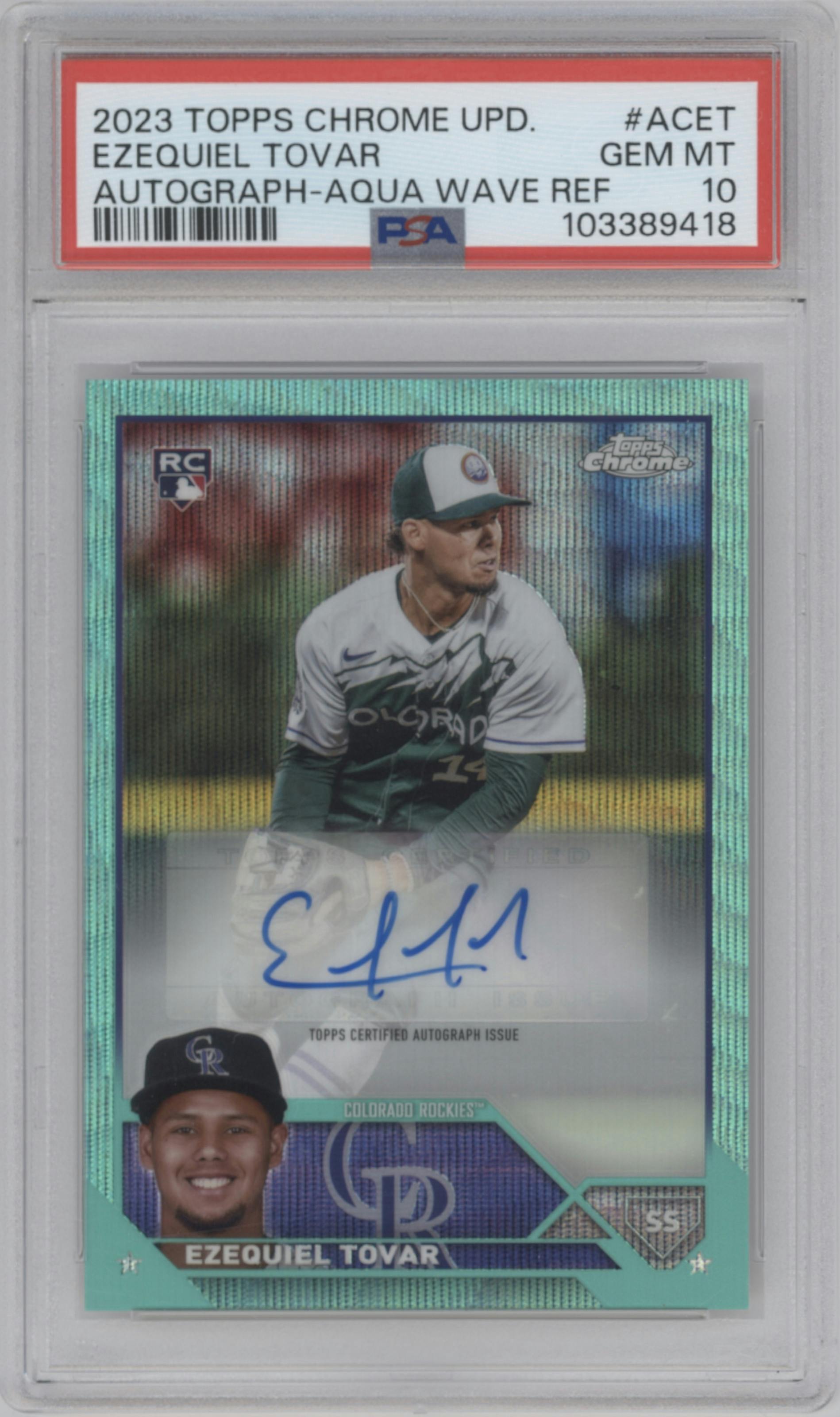 Ezequiel Tovar from the 2023 Topps Chrome Update set featuring a Aqua Wave Refractor parallel graded by PSA and given an overall grade of 10.