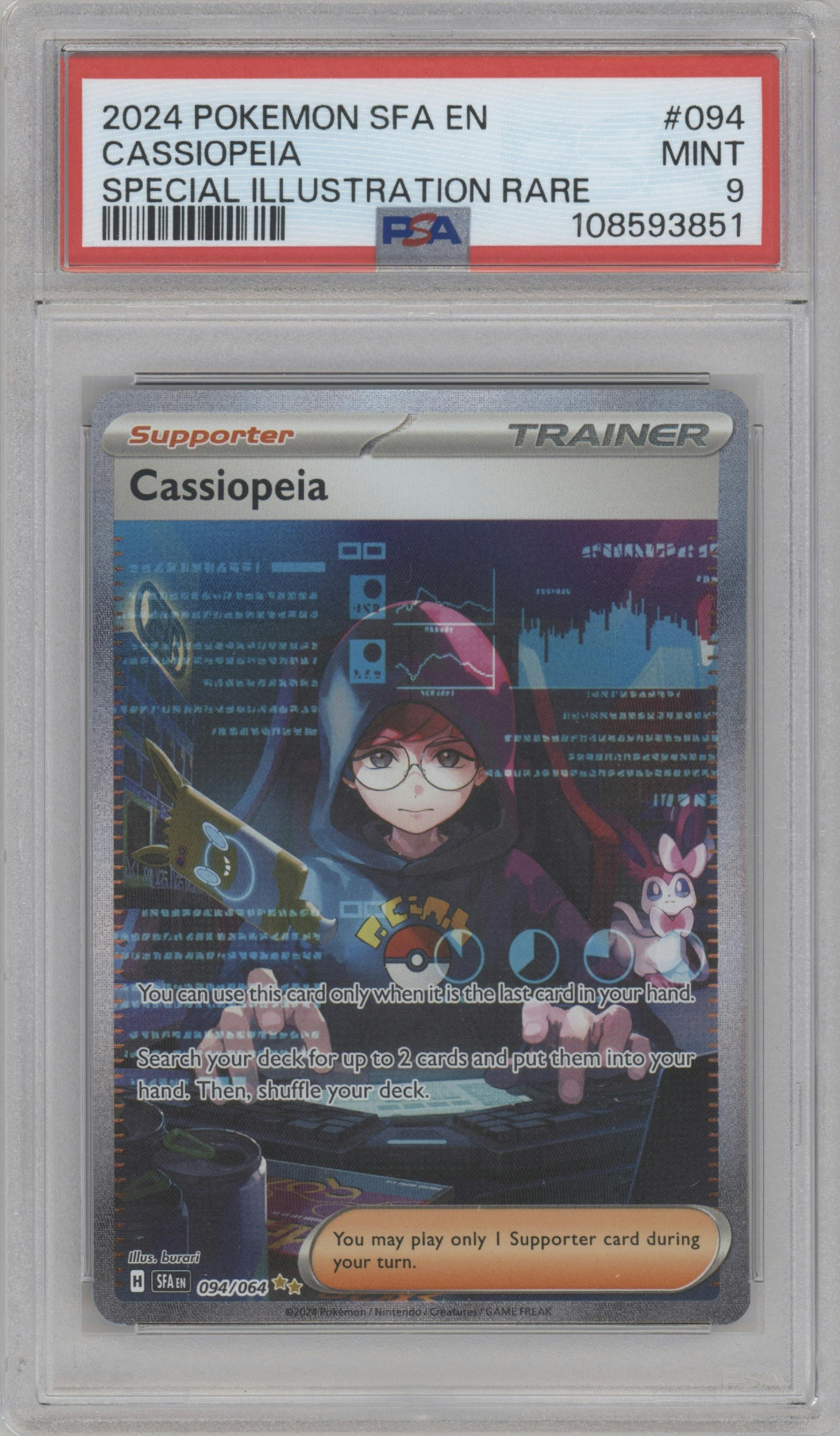 Cassiopeia from the 2024 Pokemon SV set graded by PSA and given an overall grade of 9.