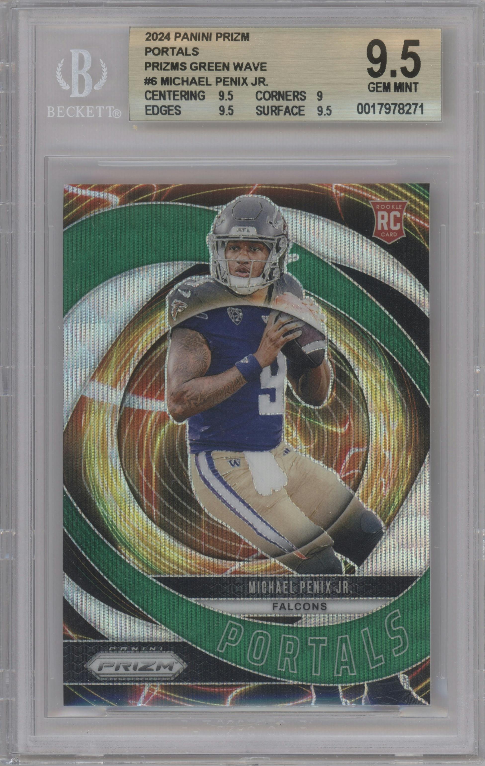 Michael Penix Jr. from the 2024 Panini Prizm set featuring a Green Wave parallel graded by Beckett and given an overall grade of 9.5.