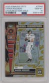 Aaron Rodgers from the 2023 Donruss Optic set featuring a Gold  parallel graded by PSA and given an overall grade of 10.