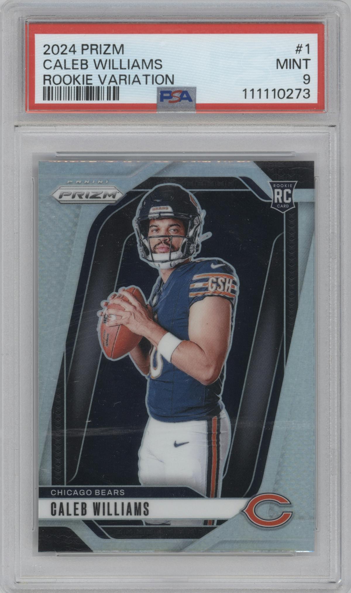 Caleb Williams from the 2024 Panini Prizm set graded by PSA and given an overall grade of 9.