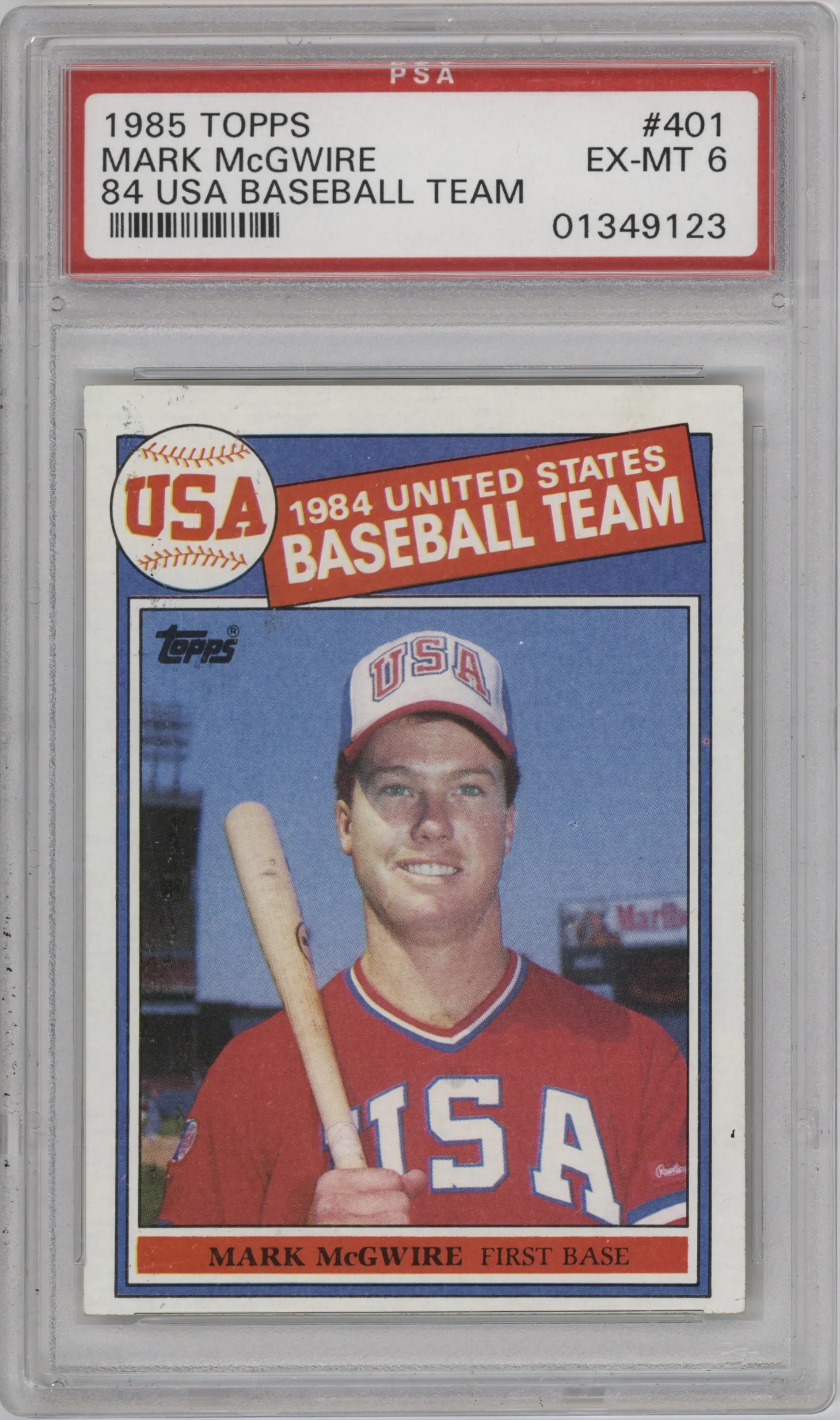 Mark McGwire from the 1985 Topps set graded by PSA and given an overall grade of 6.