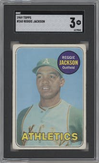 Reggie Jackson from the 1969 Topps set graded by SGC and given an overall grade of 3.