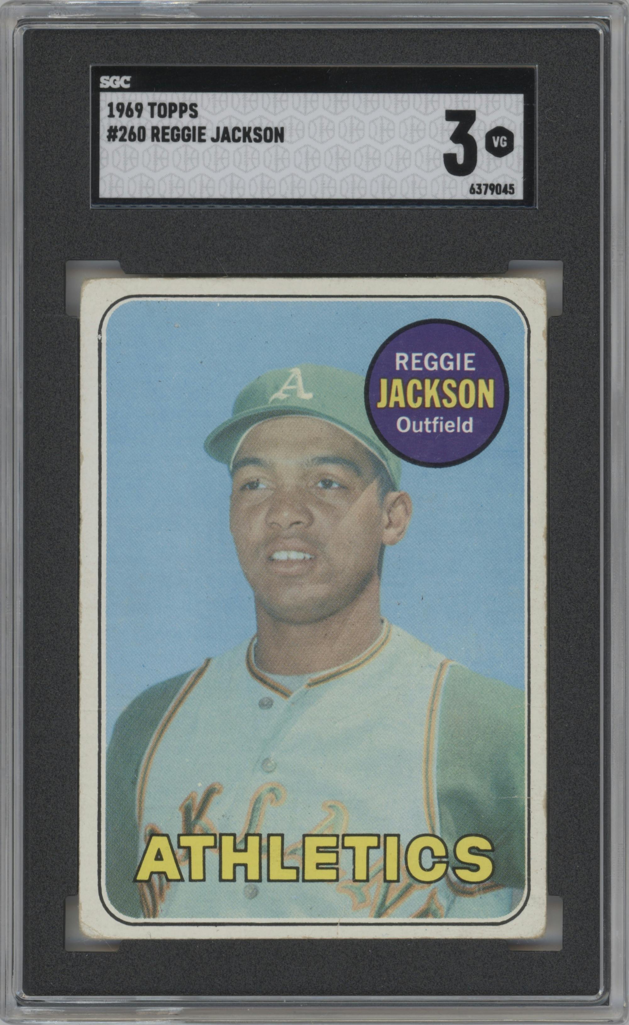 Reggie Jackson from the 1969 Topps set graded by SGC and given an overall grade of 3.