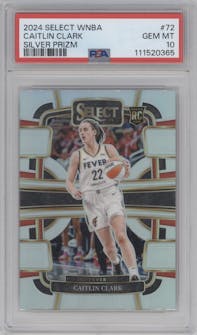 Caitlin Clark from the 2024 Panini Select WNBA set featuring a Silver Prizm parallel graded by PSA and given an overall grade of 10.