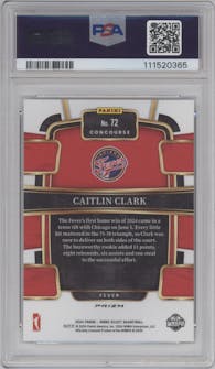 Caitlin Clark from the 2024 Panini Select WNBA set featuring a Silver Prizm parallel graded by PSA and given an overall grade of 10.