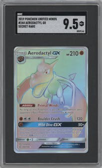 Aerodactyl GX from the 2019 Pokemon S&M  set graded by SGC and given an overall grade of 9.5.
