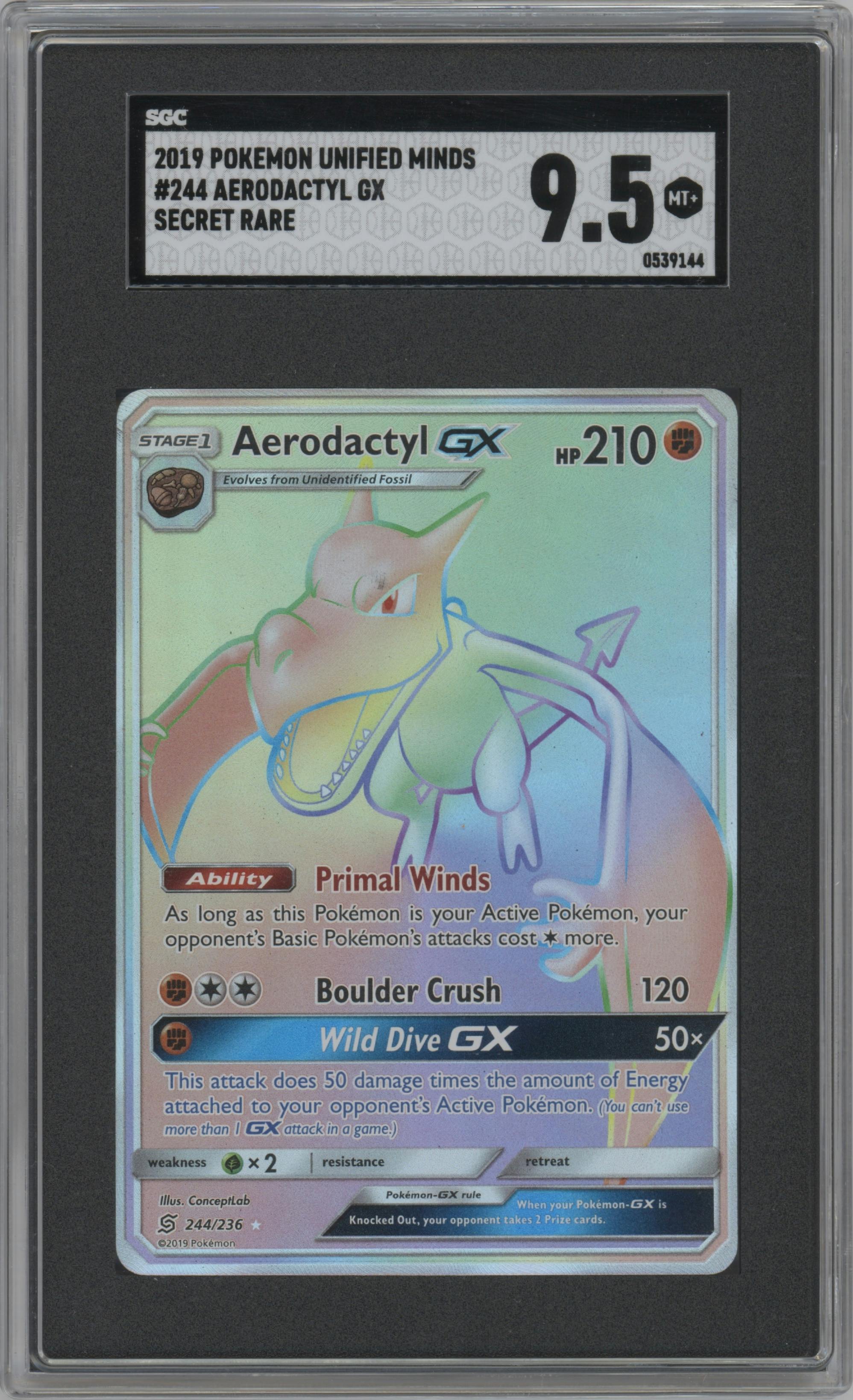 Aerodactyl GX from the 2019 Pokemon S&M  set graded by SGC and given an overall grade of 9.5.