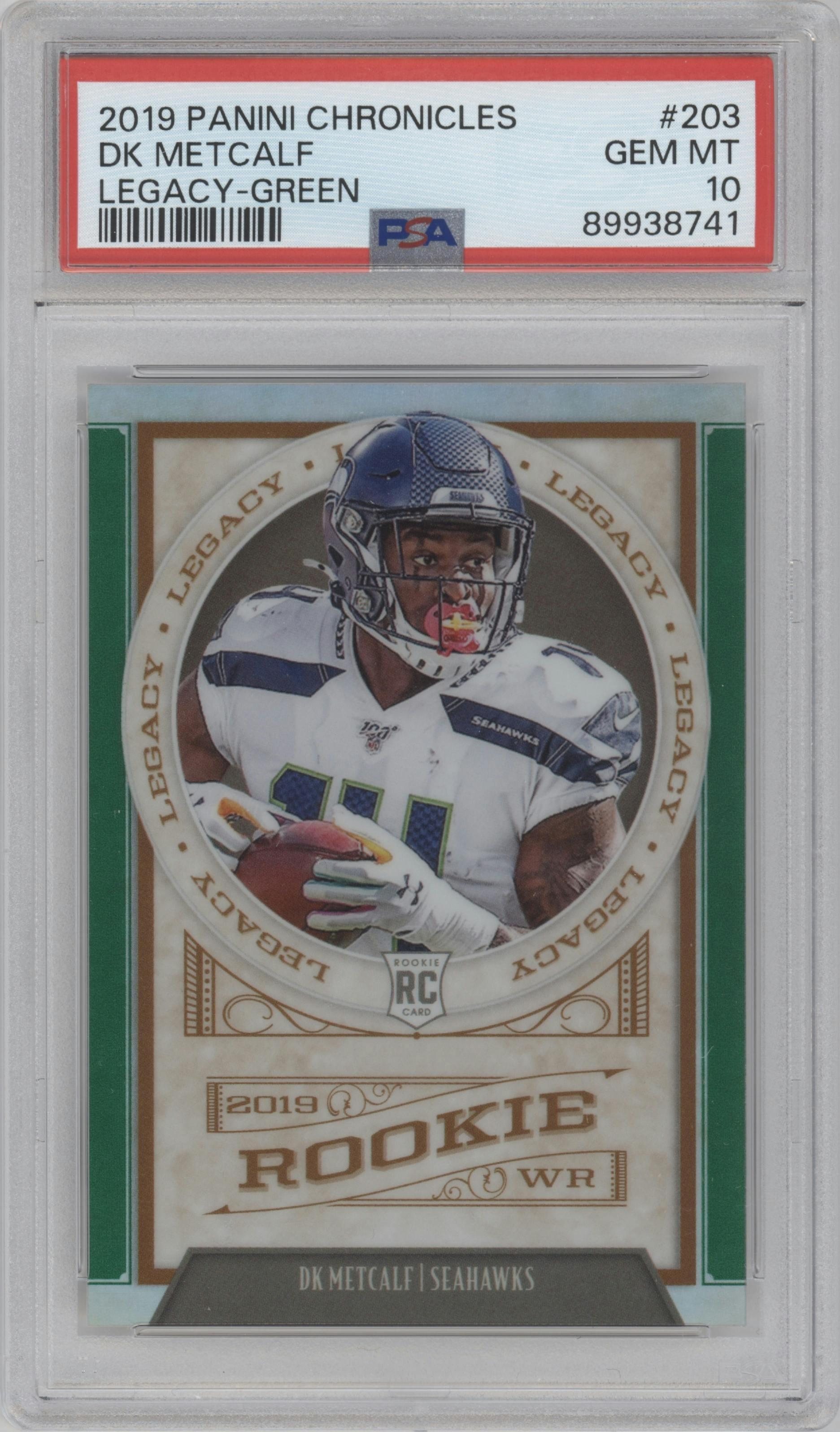 DK Metcalf from the 2019 Panini Chronicles set featuring a Green parallel graded by PSA and given an overall grade of 10.