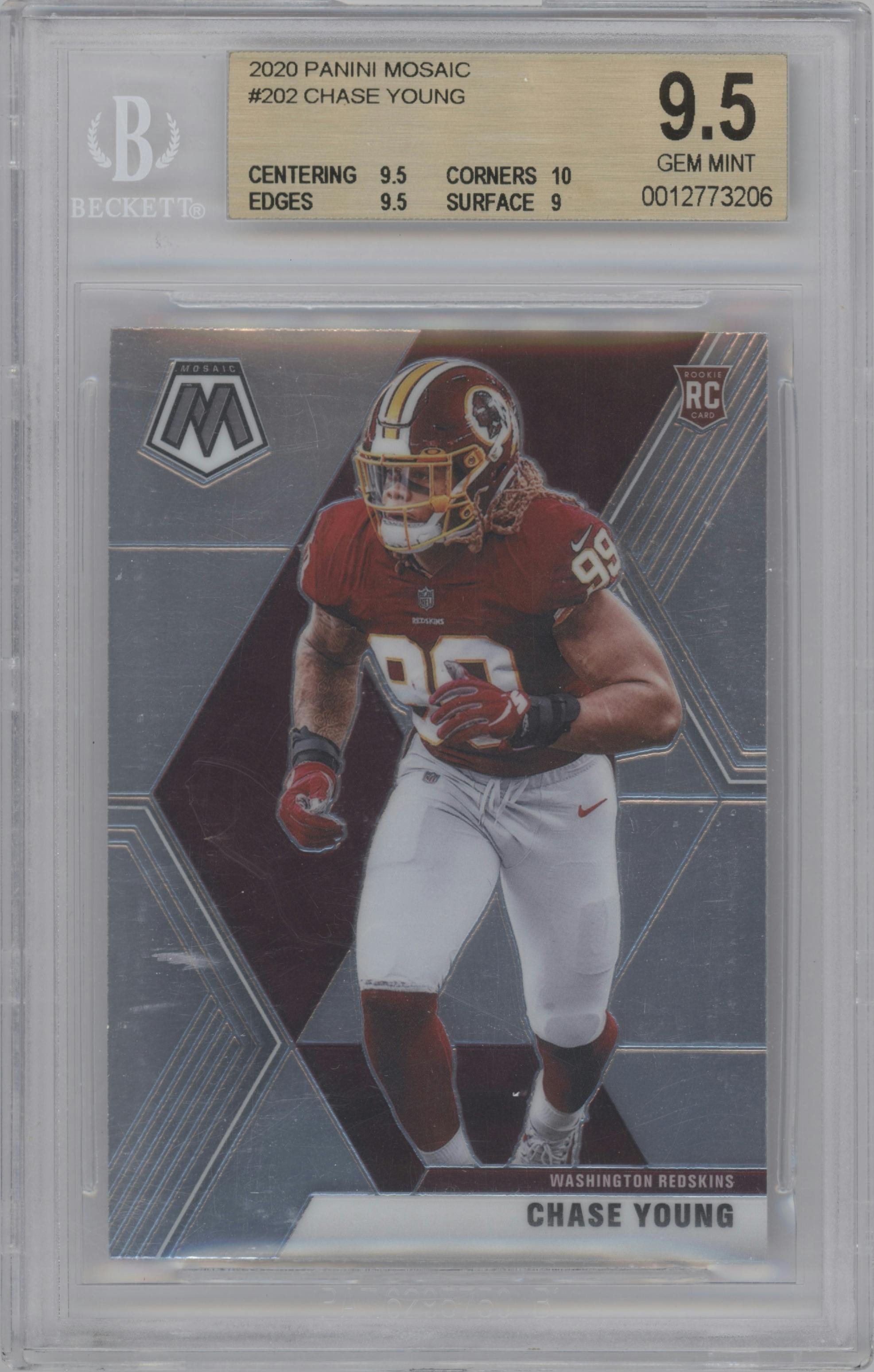 Chase Young from the 2020 Panini Mosaic set graded by Beckett and given an overall grade of 9.5.
