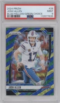 Josh Allen from the 2024 Panini Prizm set featuring a Choice Blue Yellow Green Prizm parallel graded by PSA and given an overall grade of 9.