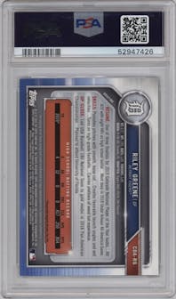 Riley Greene from the 2019 Bowman Draft set featuring a Blue Wave Refractor parallel graded by PSA and given an overall grade of 10.