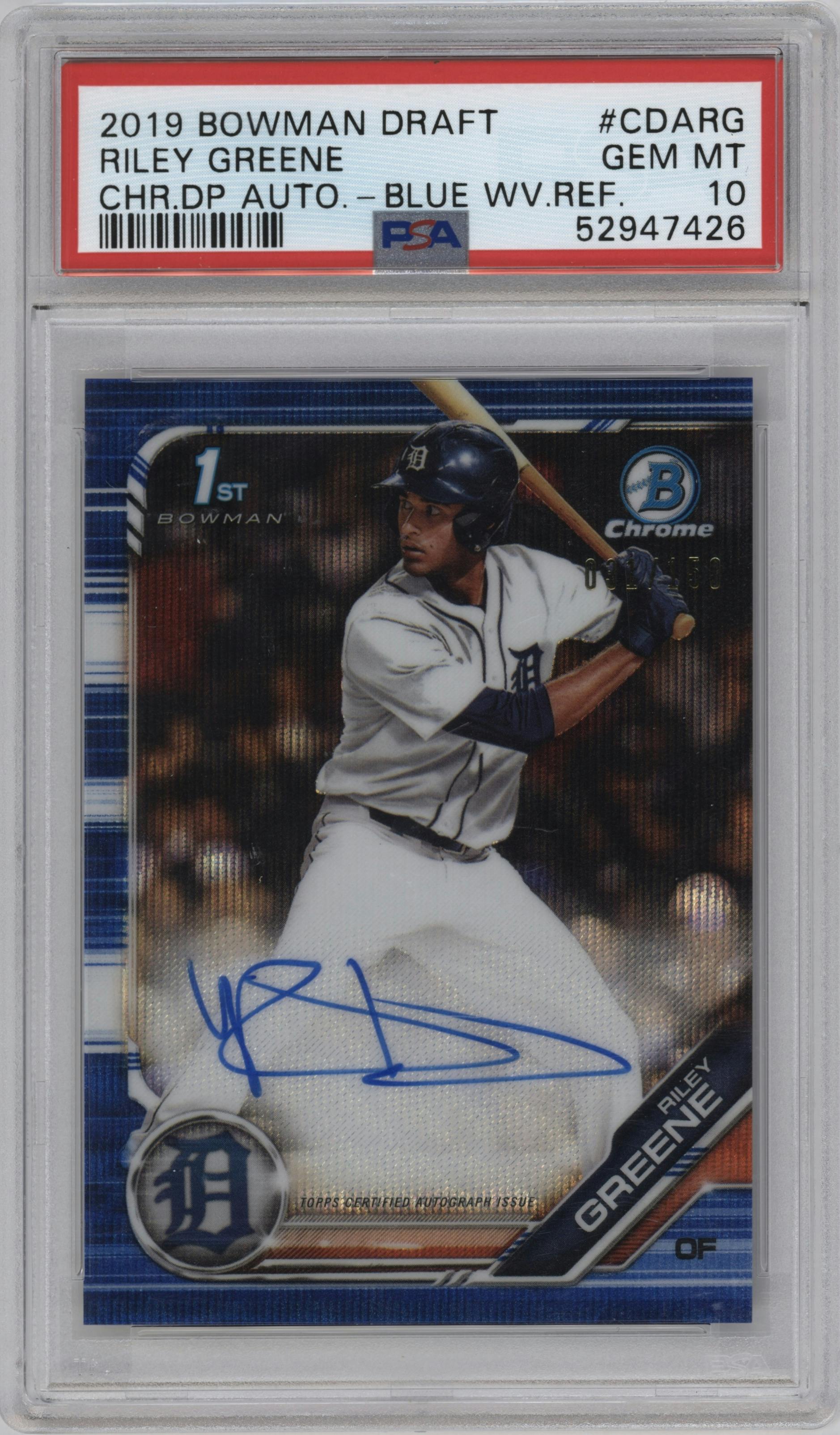 Riley Greene from the 2019 Bowman Draft set featuring a Blue Wave Refractor parallel graded by PSA and given an overall grade of 10.