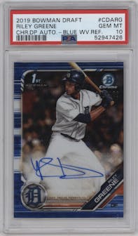 Riley Greene from the 2019 Bowman Draft set featuring a Blue Wave Refractor parallel graded by PSA and given an overall grade of 10.