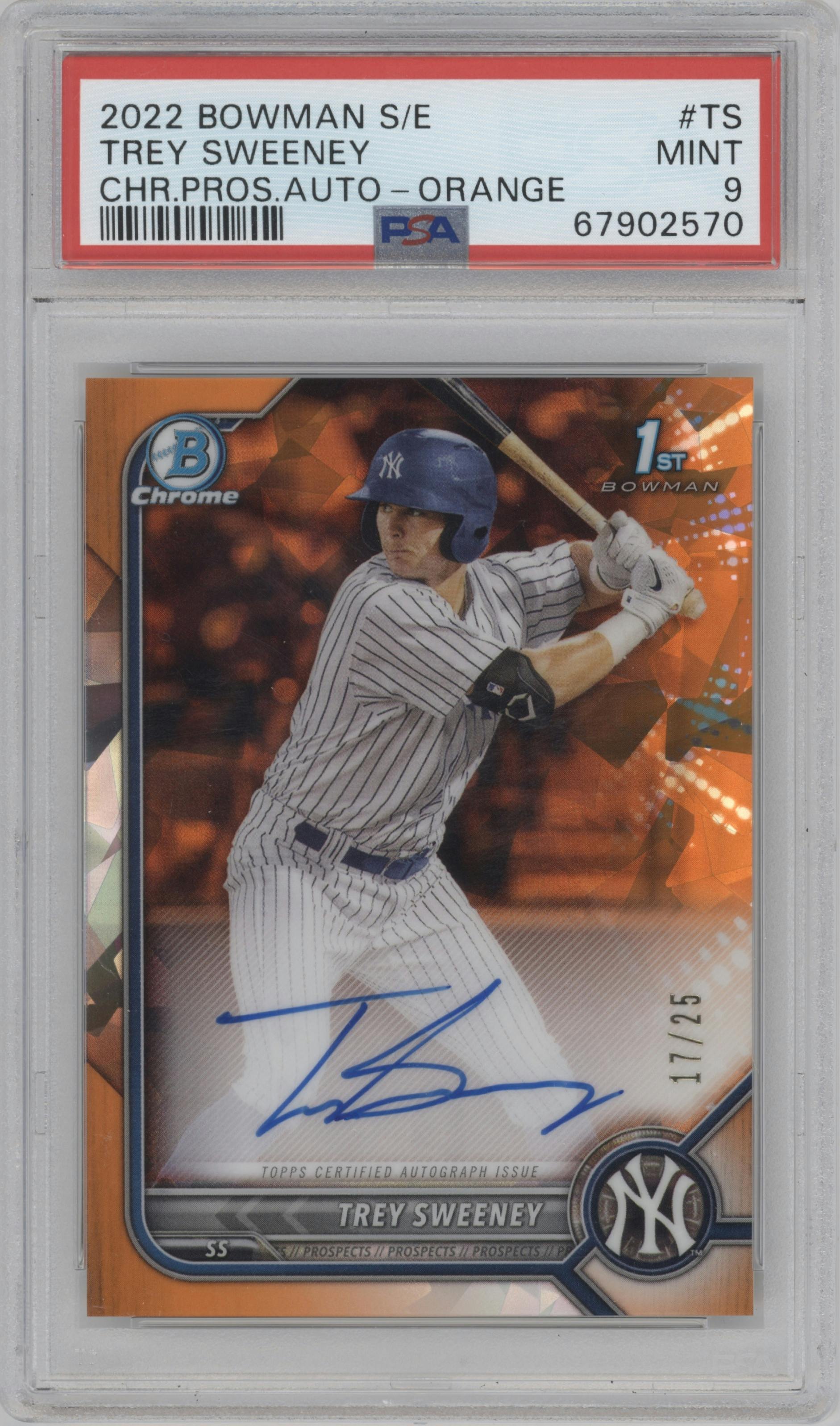 Trey Sweeney from the 2022 Bowman Sapphire Edition set featuring a Orange parallel graded by PSA and given an overall grade of 9.