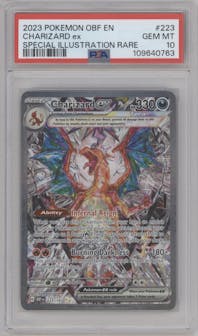 Charizard ex from the 2023 Pokemon SV set graded by PSA and given an overall grade of 10.