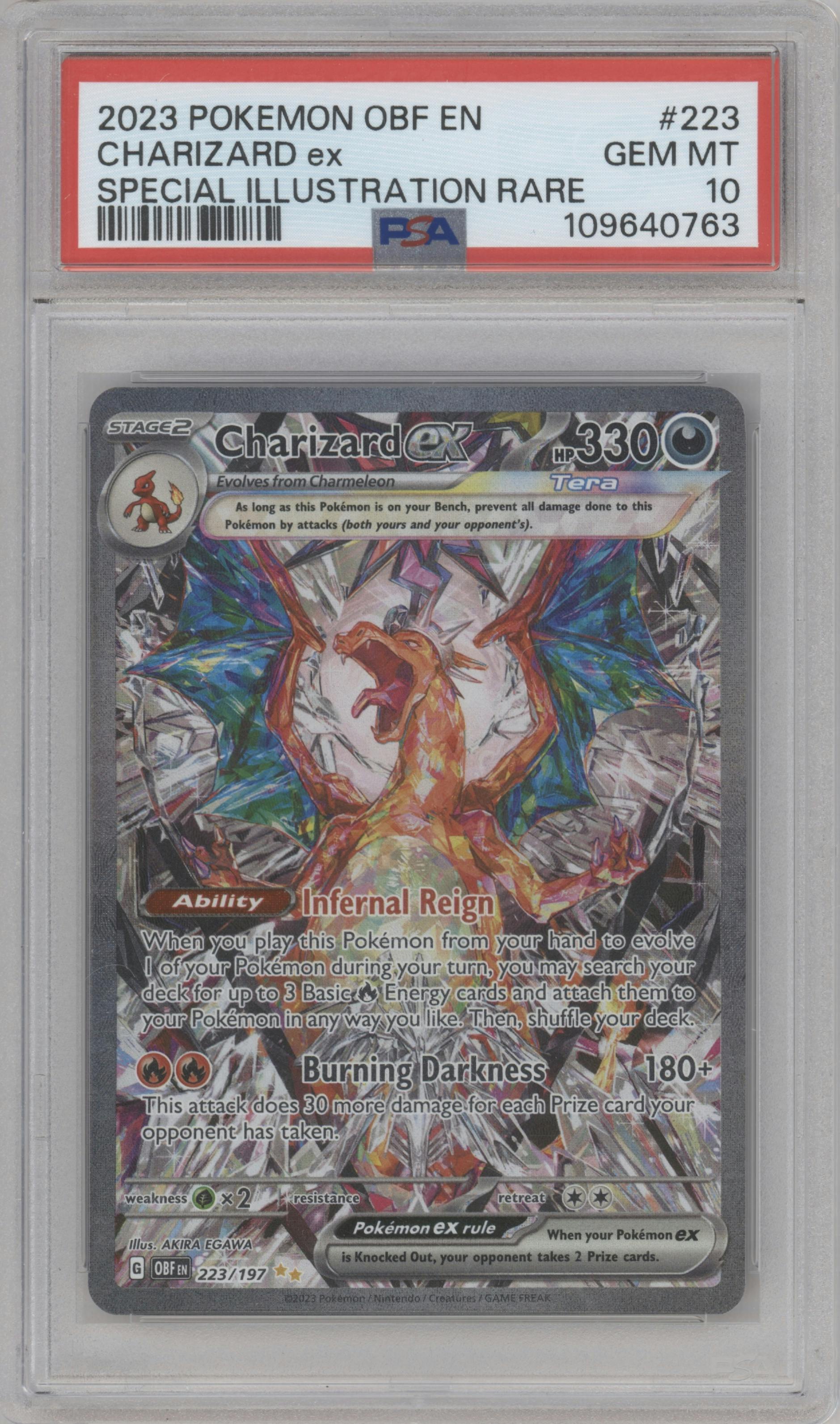 Charizard ex from the 2023 Pokemon SV set graded by PSA and given an overall grade of 10.