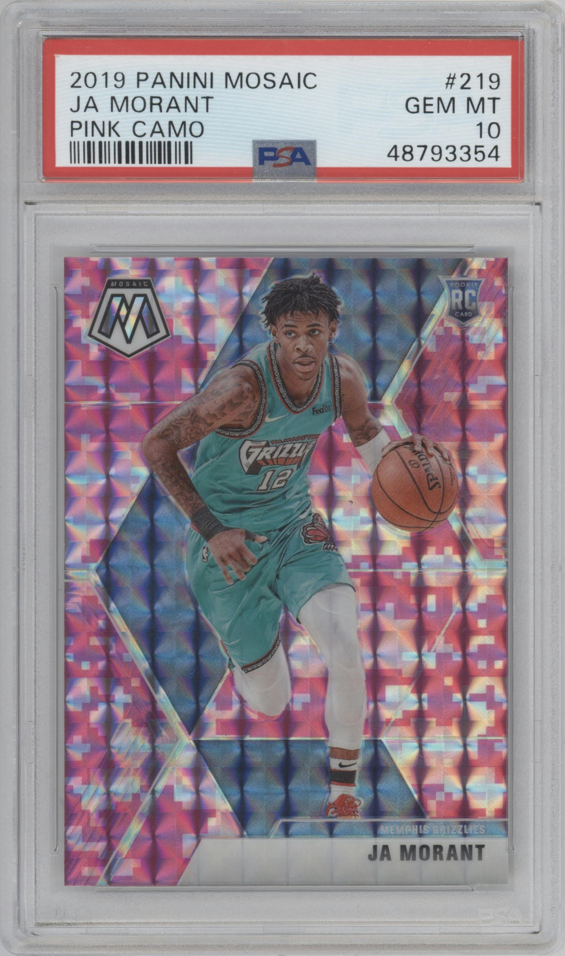Ja Morant from the 2019-20 Panini Mosaic  set featuring a Pink Camo parallel graded by PSA and given an overall grade of 10.