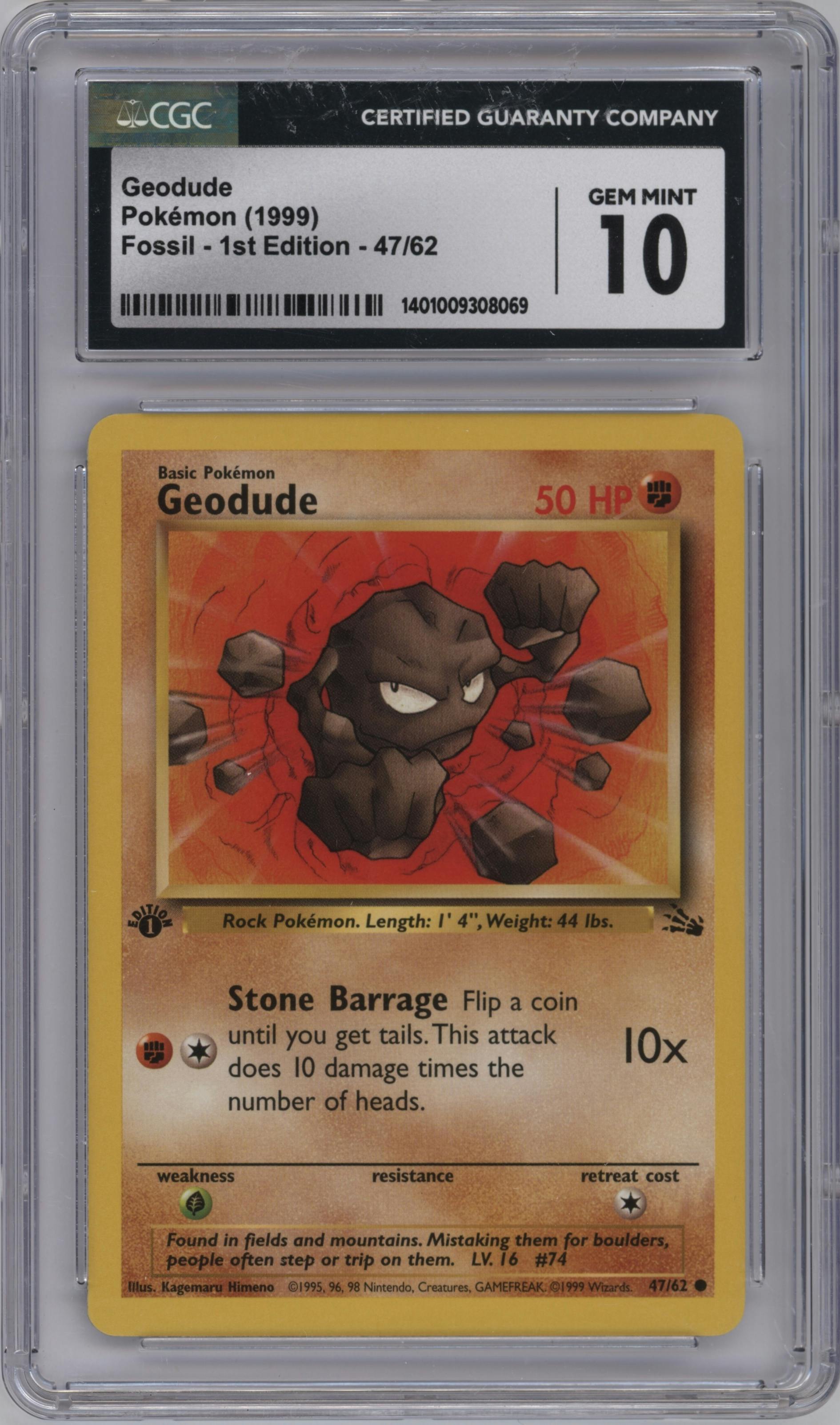 Geodude from the 1999 Pokemon set graded by CSG and given an overall grade of 10.