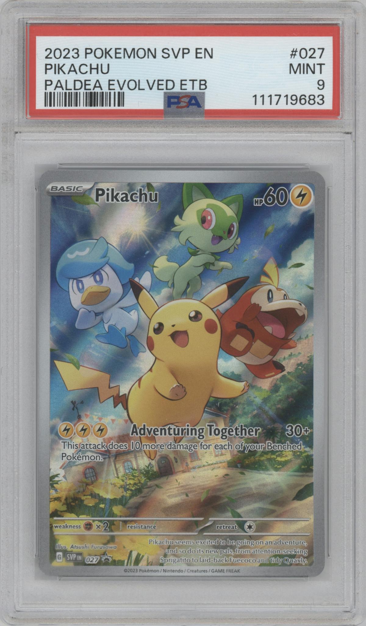 Pikachu from the 2023 Pokemon SV set featuring a Scarlet & Violet - Paldea Evolved Elite Trainer Box parallel graded by PSA and given an overall grade of 9.