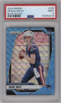 Drake Maye from the 2024 Panini Prizm set featuring a Blue Wave Prizm parallel graded by PSA and given an overall grade of 9.
