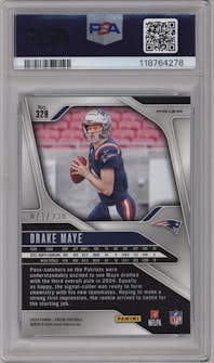 Drake Maye from the 2024 Panini Prizm set featuring a Blue Wave Prizm parallel graded by PSA and given an overall grade of 9.